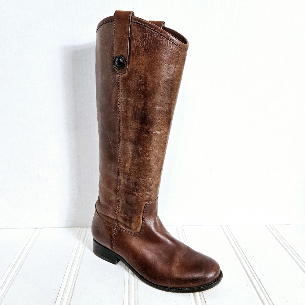 Frye Boots Size 5.5 Melissa Button Tall Leather Riding Equestrian Cognac Brown
